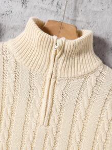 SHEIN Tween Boy 1 Piece Vintage Cable Knit Sweater , Beige Half-Zip High Neck Pullover, Adjustable Zipper Collar, Regular Fit Wool Blend Top For School Daily Wear, Father-Son Matching, Birthday & New Year Gift Idea Fall Winter - Apricot - View 5