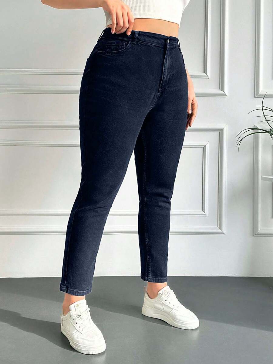 EURMUSE 98%Cotton Plus High Waist Skinny Jeans - Dark Wash - View 1