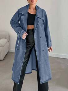 EURMUSE 100% Cotton Women's Lapel Belted Pocket Button Denim Jacket Coat - Light Wash - View 5