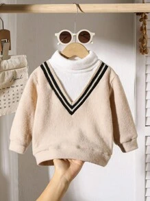 SHEIN Infant Boys V-Neck 2 In 1 Knit Sweater, Turtleneck Pullover Knitwear For Autumn/Winter Fall