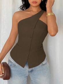 SHEIN Tall Áo ba lỗ hở lưng thanh lịch, đi làm văn phòng, đa năng, có lót dành cho nữ, mùa hè - màu nâu - Xem 4