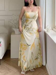 Modelyn 女式网眼花卉印花细肩带荷叶边腰夏季休闲连衣裙 - 黃色 - 查看 2