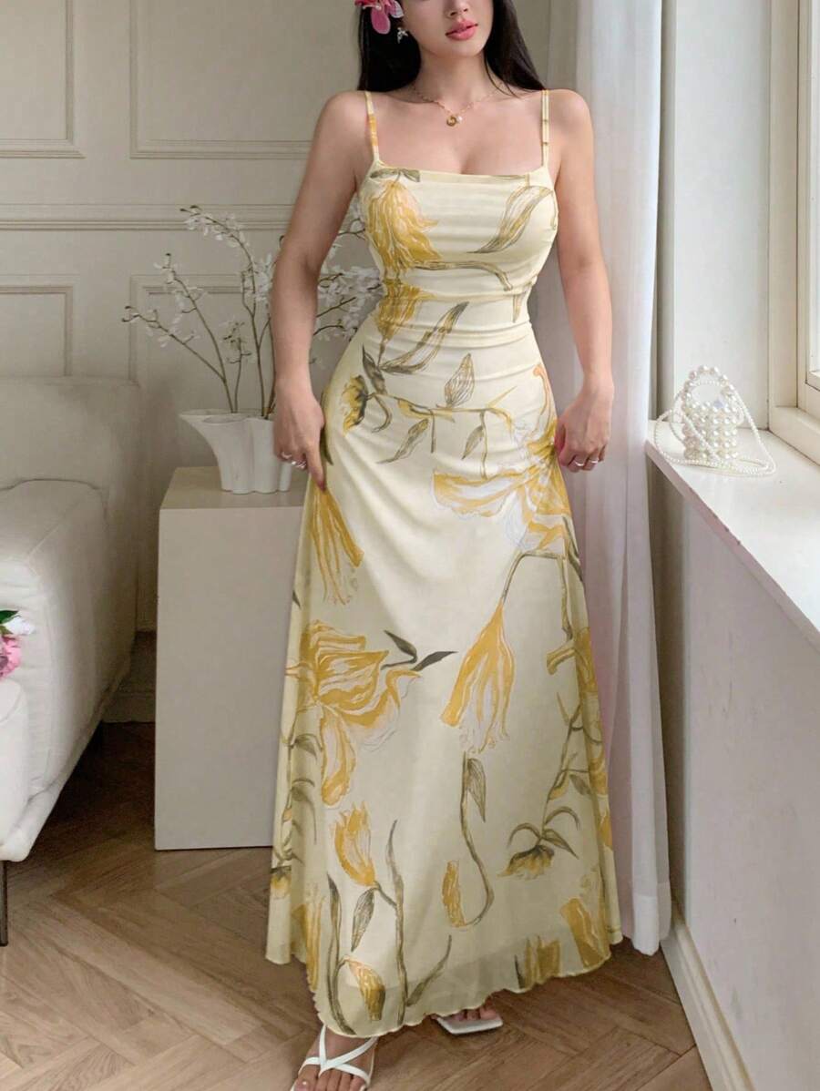 Modelyn 女式网眼花卉印花细肩带荷叶边腰夏季休闲连衣裙