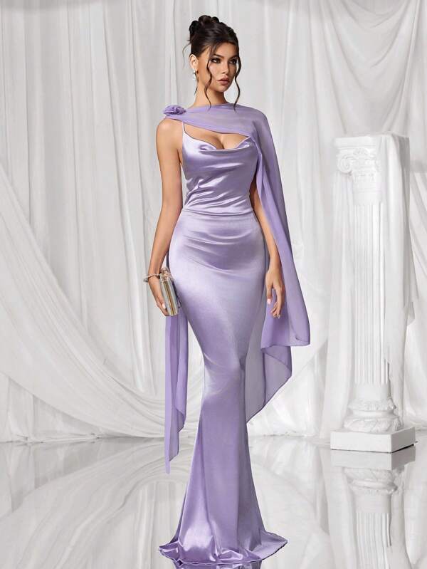 Coutiva Women's Solid Color Plunging Neckline Fishtail Hem Flounce Design Fitted Formal Evening Gown