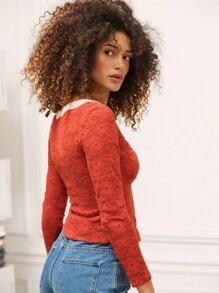 lacRébo Áo ren tay dài cổ chữ V viền ren tương phản cho nữ mùa thu trở lại trường - Rỉ Nâu - Xem 2