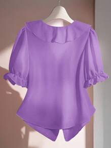 Franclia 女士纯色V领荷叶边泡泡袖休闲衬衫，适合大学穿着 - 紫色 - 查看 2