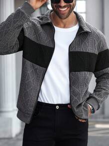 Manfinity Homme Plus Size Men's Casual Everyday Contrast Texture Zip-Up Stand Collar Sweatshirt , Fall, Long Sleeve Top - Multicolor - View 6