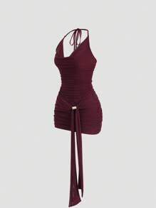 Sweetra Halloween Women's Halter Y2K Sexy Ruched Metal Buckle Dress - Burgundy - View 4