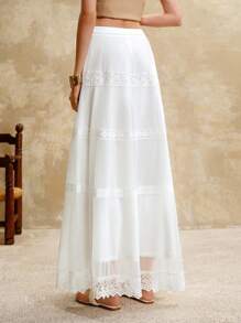 SHEIN LUNE Women's White Elegant Summer Chiffon Pleated Lace Maxi Skirt,Boho Flowy Wedding Guest Skirt,Holiday Resort Wear,Old Money Style Tea Party Nashville - White - View 5