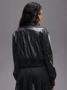 ROMWE EDITION Zipper Decor Deconstructed Hollow-Out PU Leather High Waist Super Short Motorcycle Jacket For Women - Black - View 4
