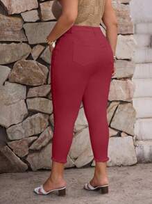 EMERY ROSE 大码女式口袋紧身休闲破洞牛仔七分裤 - 紅色 - 查看 2