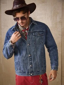 RivetRise 男士休闲时尚街头牛仔风格拼接图案宽松牛仔夹克，春秋季 - 中等水洗藍 - 查看 5