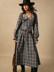 Easelle Women's Black And White Checkered Floral Embroidery Peter Pan Collar Puff Sleeve Long Skirt,Retro Casual Loose Autumn Boho Vacation Fall Clothes - Black and White - View 9
