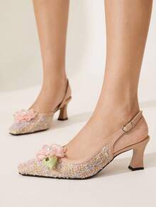 CUCCOO CHICEST 女士优雅花卉珍珠方头粗跟高跟鞋，复古浪漫浅粉色仿皮高跟鞋，露趾礼服鞋，适合下午茶、约会、派对、假日、正式场合 - 粉色 - 查看 3