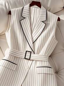 Franclia 女士休闲通勤百搭经典黑白条纹亚麻撞色黑色腰带白色无袖女士西装外套女士办公室服装商务休闲女装精美西装背心复古风格女士秋季女装秋季服装大学服装 - 黑與白 - 查看 3