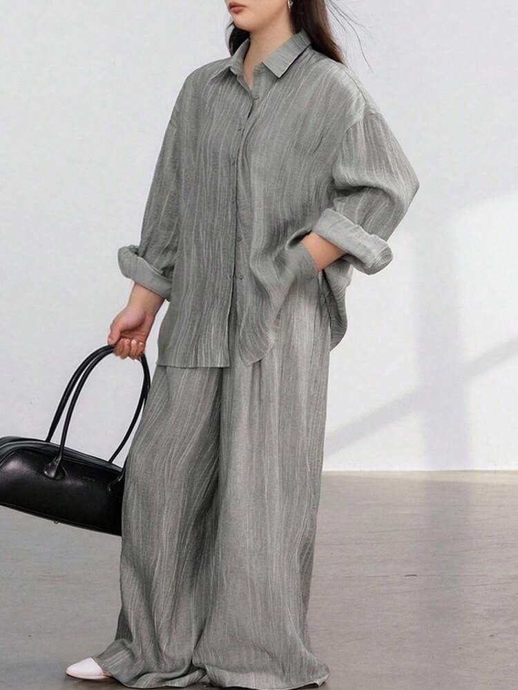 Dazy Plus 2pcs Plus Size Women Business Casual Loose Textured Chiffon Minimalist Suit Set Fall/Winter Lounge Sets For Women