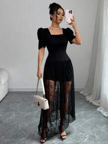 xheDAZY Vestido de mujer de longitud media con cuello cuadrado, mangas abullonadas y parches de encaje para el veranoxhe - Negro - Ver 3