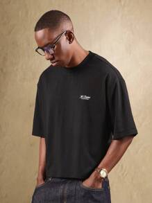 SUMWON 超大款短款T恤，小Logo印花，纯棉针织面料，街头风都市时尚休闲日常短袖基础款T恤，简约设计，衣橱必备单品 - 黑色 - 查看 1