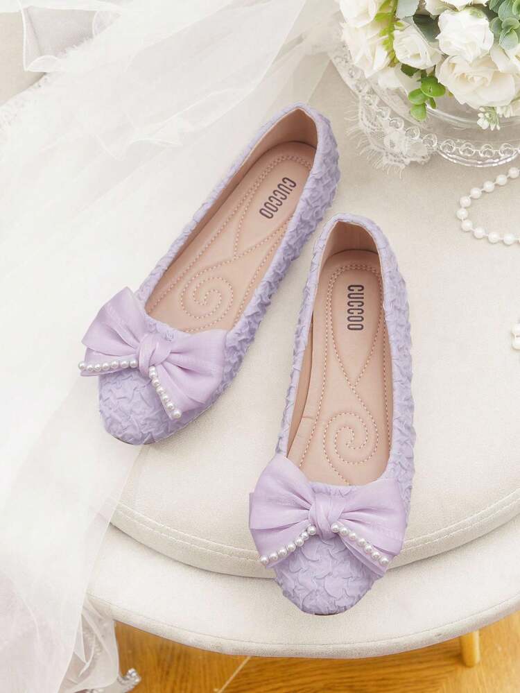 CUCCOO HITCHD Women's White Faux Pearl Bow Round Toe Flats, Elegant For Commute, Valentine's Day, Wedding, Bridesmaid, Party Elegant Shoes Wedding Shoes Summer Shoes Bride Shoes