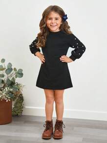 SHEIN Abito con maniche a lanterna, girocollo lavorato a maglia, decorato con perle finte, adatto a ragazze giovani