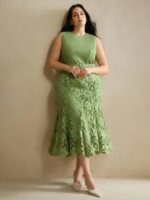 Anewsta 大码女式优雅无袖高腰拼接蕾丝镂空中长连衣裙，绿色 - 綠色 - 查看 6