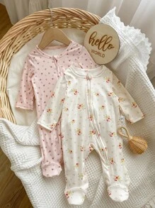 Conjunto de 2 piezas para bebé niña: Mono de manga larga con cremallera al frente, cuello redondo, suave y amigable con la piel, con estampado floral minimalista - Multicolor - Ver 6