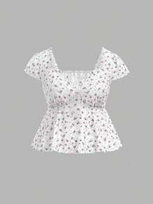 SHEIN MOD 大码女式可爱印花荷叶边下摆衬衫，适合返校、约会、生日、初秋、短款上衣、夏季上衣 - 彩色 - 查看 4