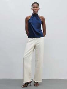 Maija Solid Satin Halter Tie Back Top,Autumn Outfits For Women, Christmas Women's Clothing - Navy Blue - View 3