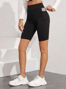 SHEIN EZwear Wide Waistband Patch Pocket Biker Shorts