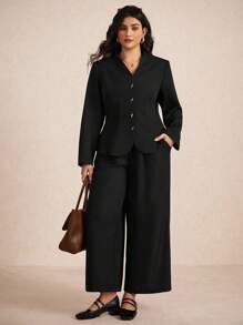 Elaquor Chaqueta de blazer elegante y minimalista para mujer de talla grande, versátil para la oficina y el transporte en otoño/invierno - Negro - Ver 6