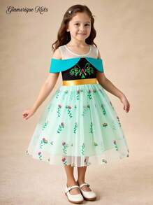 Glamorique Kids Girls' Princess Dress, Green Anna Princess Printed Green Mesh Dress, Autumn Dress, Outdoor Clothing, Children's Birthday Dress, Birthday Party And Festival Dress, Black Knitted, Green Sparkling Flower Print At The Hem, Oil-Painted Shoulder Strap, Golden COS Costume, All-Season Dress
