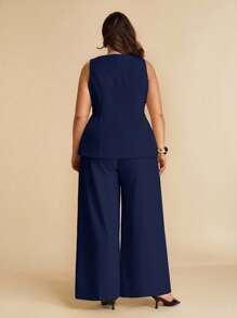 SHEIN BAE Plus Size Women's Summer Fashion Commuter Solid Color Vest & Pants Set/ Plus Size Two Pieces Outfits/ Plus Size 2 Pieces Sets/ Plus Size Wide Leg Pantsuit/ - Navy Blue - View 5
