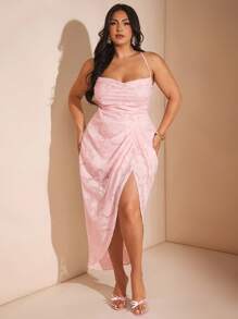 SHEIN BAE Christmas Plus Size Women's Summer Red Chiffon Split Thigh Graduation Dress/Halloween Plus Size Costume/Wedding Guest Dress Women Petite Dresses For Women