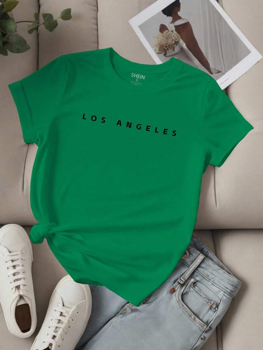 EMERY ROSE Women's Short Sleeve T-Shirt With Slogan Letter Printed, Suitable For Summer LOS ANGELES Graphic Tees Women Tops
