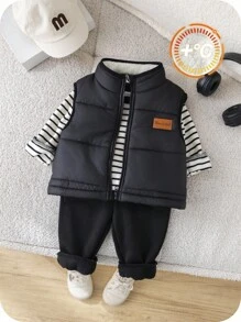 SHEIN 3 件套男婴/女婴秋冬可爱休闲厚垫背心夹克、黑白条纹连帽衫、黑色慢跑裤运动服、男女通用婴儿服装、婴儿冬装