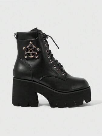 Grunge Punk Botas góticas de puntera cuadrada y tacón grueso, botas de tacón alto de piel de PU negras adecuadas para fiesta, uso diario, vestido de noche, que aumentan la altura y alargan las piernas