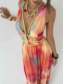 Aloruh 女式深V领扎染印花无袖连衣裙 - 粉色 - 查看 3