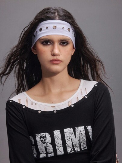 Grunge Punk 1pc Y2K Baddie Style White Hollow Hair Band, American Vintage Ins Dark Minimalist Geometric Pattern Rivet Metal Hair Accessory, Sporty Streetwear Punk Daily Versatile Decoration