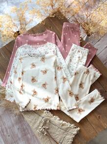 Emery Rose Kids Emery Rose Kids 6件組少女花朵與熊圖案針織睡衣套裝，粉色冬季仙女風居家休閒睡衣，圓領長版兒童秋季睡衣 - 彩色 - 查看 5