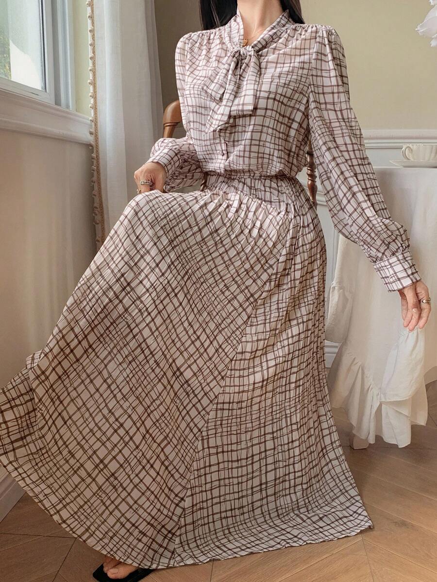 DAZY Women's Plaid Ribbon Collar Shirt And Skirt 2 Pieces Set, Autumn,Fall Women Clothes - Khaki - View 1