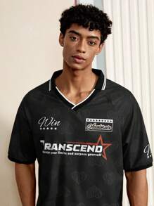 SWAVVY 男士休闲标语印花短袖 Polo 衫，夏季 - 黑色 - 查看 6