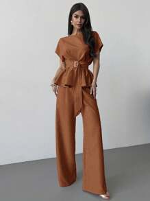 Firerie 春夏新款优雅杏色亚麻竹节领收腰纽扣衬衫和高腰直筒阔腿裤通勤套装、亚麻休闲套装、度假套装 - 鏽棕色 - 查看 3