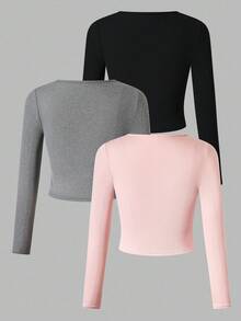 SHEIN 3pcs/Set Tween Girls Casual All-Match Versatile Bow Crew Neck Short Fitted Ribbed Undershirt, Autumn/Winter - Multicolor - View 2