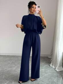 Elenzga Women's Elegant Batwing Sleeve Black Jumpsuit With Gold Lace Trim, Latest Design, Loose Fit, Suitable For Spring & Summer - Navy Blue - View 3