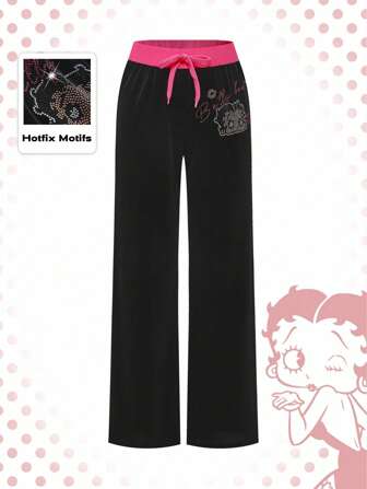 Betty Boop | ROMWE Pantalones de mujer de talle ultra bajo, corte holgado y con contraste de color de cristal Rhinestone, estilo Y2K