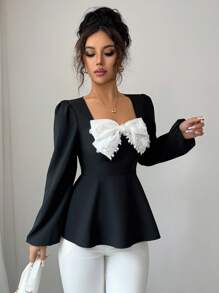 Elenzga Bluză elegantă, în linie A, cu croială slim fit, alb-negru, cu guler cu volane, cu mâneci lungi și bufante, cu perle negre, stil francez - Negru - Vizualizare 5