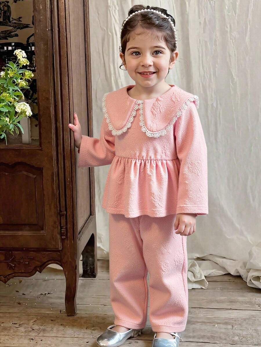 SHEIN 2pcs/Set Baby Girl Spring&Autumn Casual Style Suit Long Sleeve Lace Decoration Top&Long Pants - Pink - View 1
