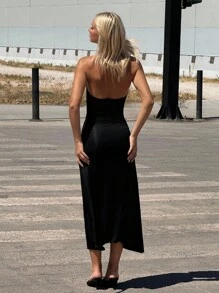 SHEIN ICON 春夏性感喇叭深 V 领挂脖瀑布腰带长连衣裙 - 黑色 - 查看 2