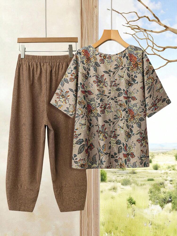 2 pièces Ensemble chemise et pantalon imprimé couleur kaki pour femmes grandes tailles, idéal pour les vacances au début du printemps