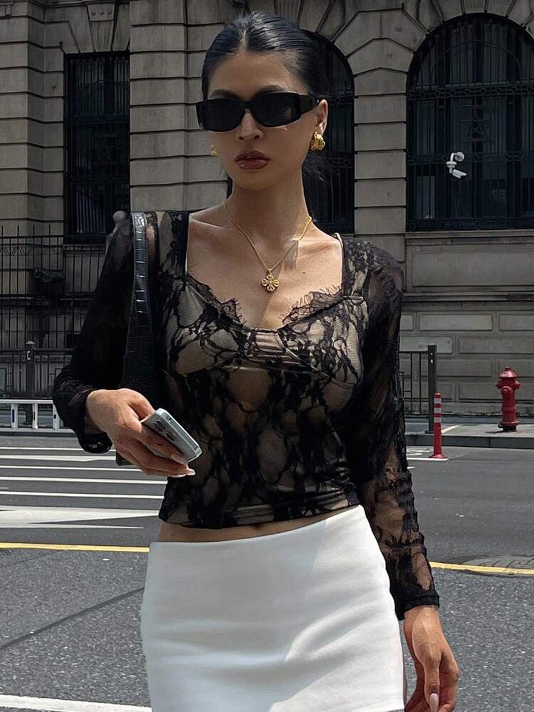Sexy French V-Neck Lace Camisole, Slim Fit Layering Long Sleeve Top